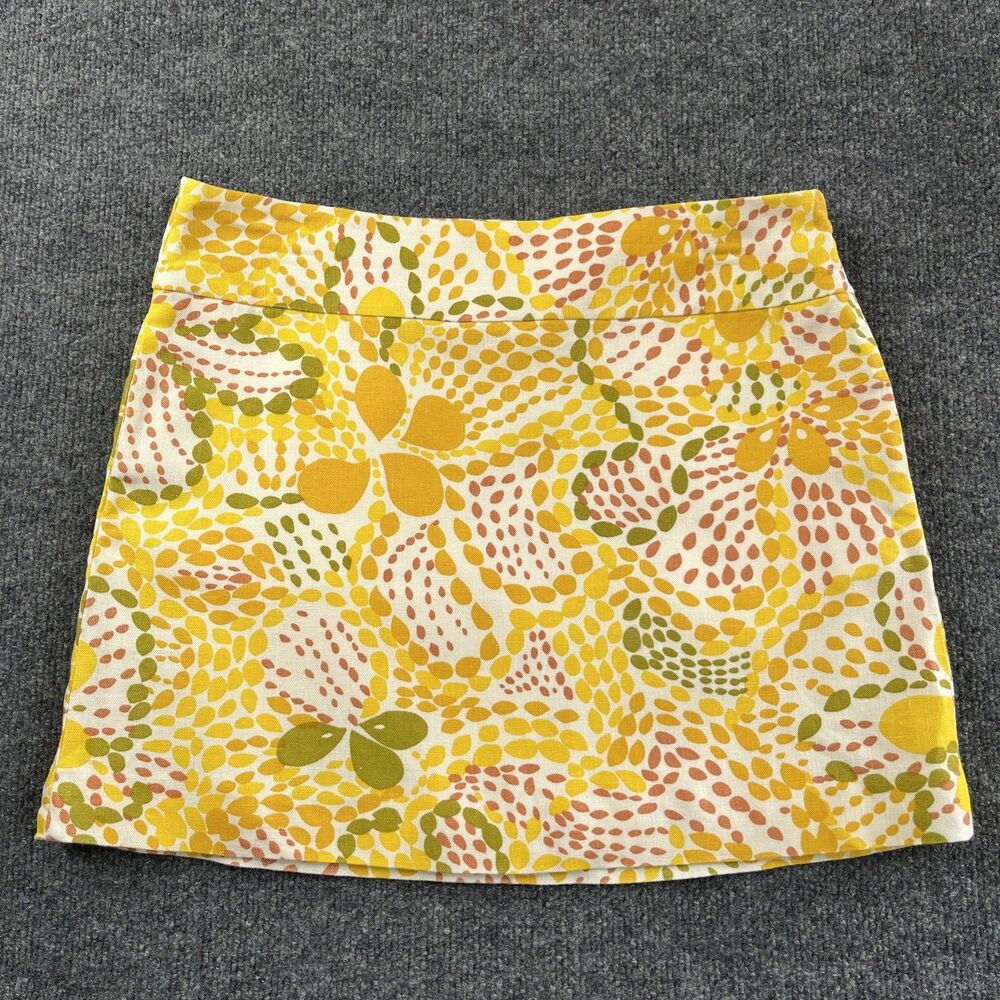 J Crew Yellow & Green Floral 100% Linen Mini Skirt Size 8 Side Pockets Lined